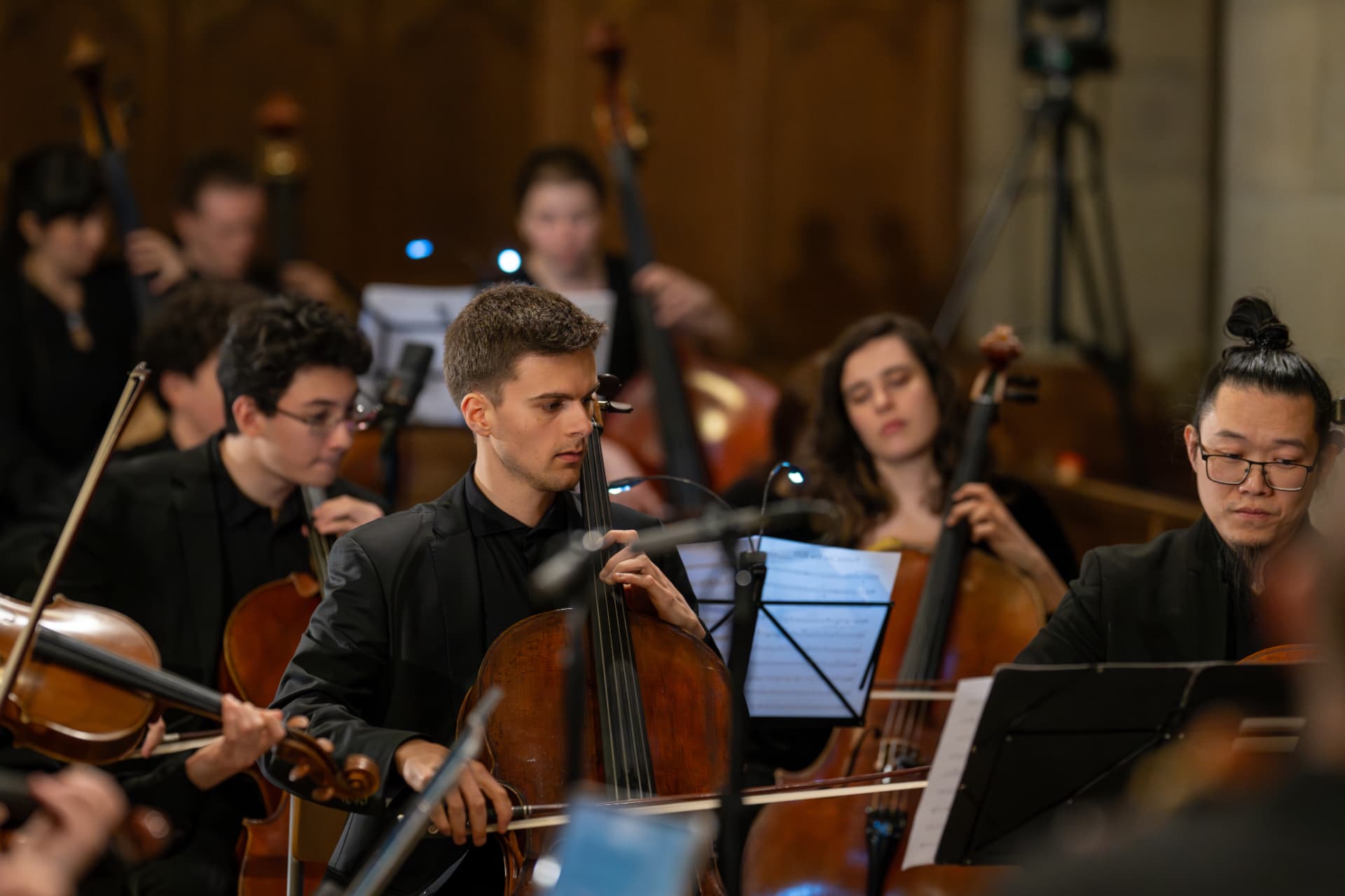 Celli und Kontrabässe des Empyrean Orchestra im Konzert